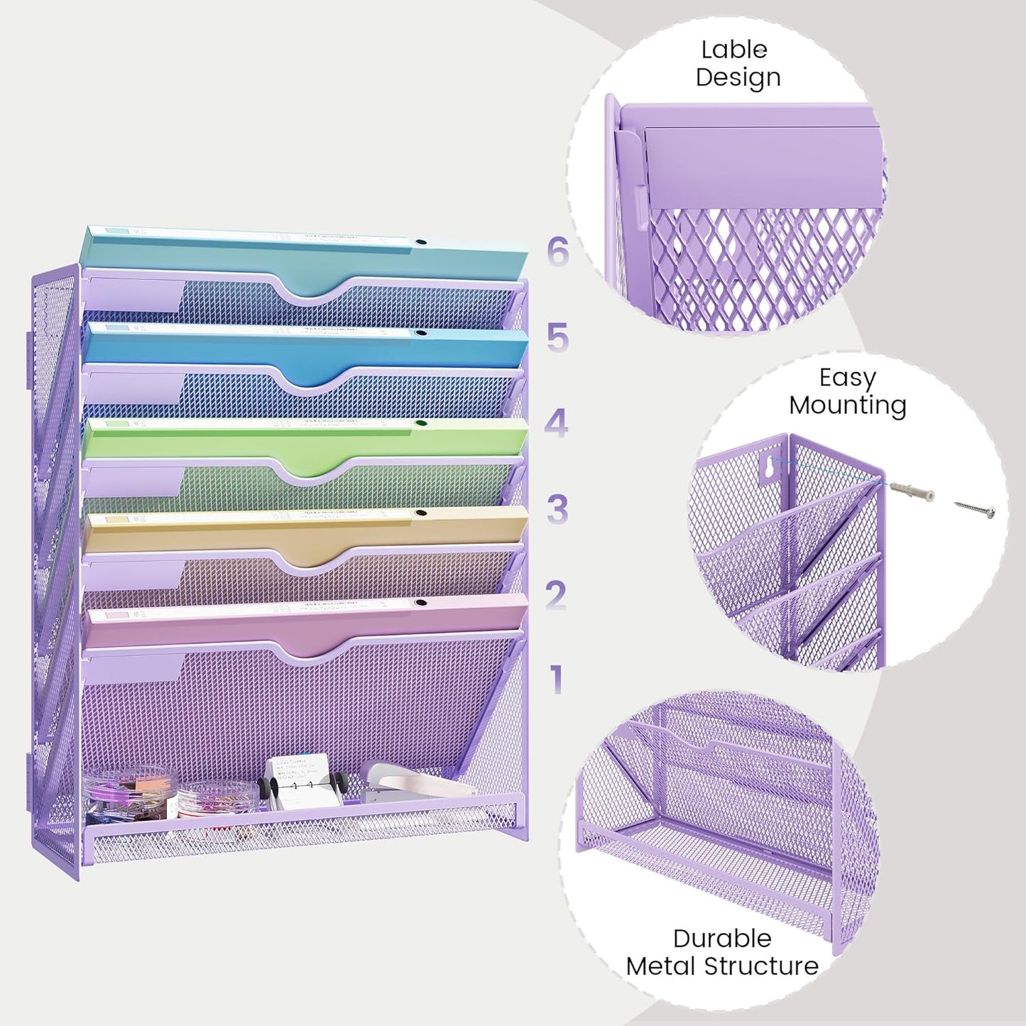 Hanging Wall File Organizer for Wall Mounted Mail Paper Folder Holder Document Organization Stand Desk File Organizer Tray for Office & Home Cubicle Countertop 6 Tier Purple