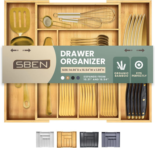 Sben Expandable Drawer Organizer for Utensils Holder, Adjustable Cutlery Tray, Wood Drawer Dividers Organizer for Silverware, Flatware, Knives for Kitchen (Bamboo)