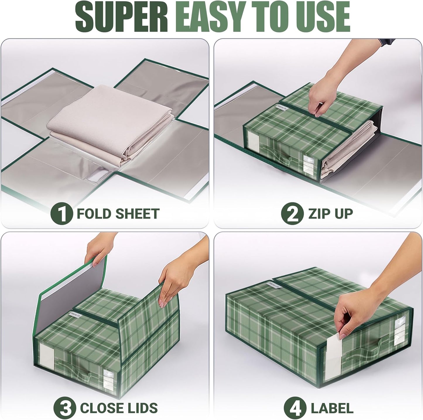 Bed Sheet Organizer Set of 4 – Plaid Sheet Storage 15"x12"x4" – Foldable Bedsheet Holders with Zipper, Window – Closet Organizer for Bedding Storage, Pillows, Duvets, Linen – Green