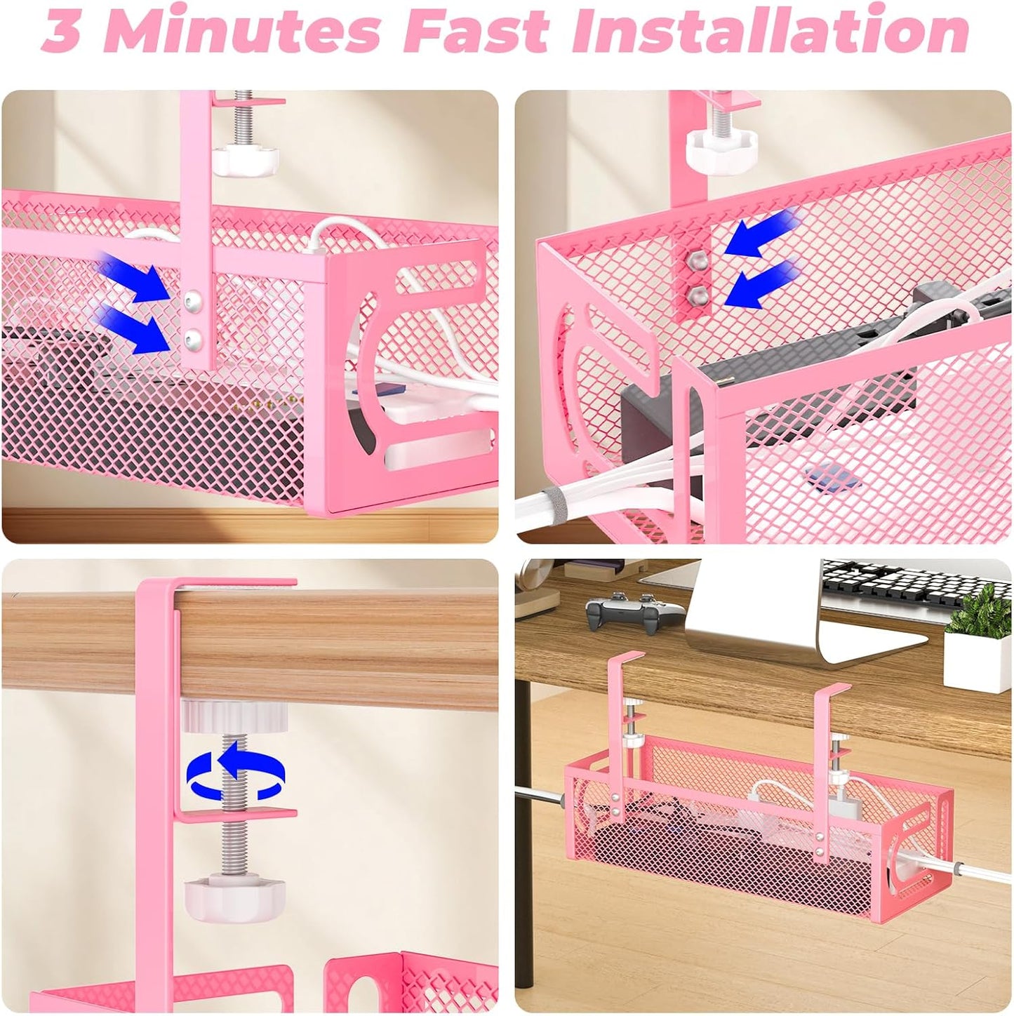 Under Desk Cable Management Tray, 15.7'' No Drill Steel Desk Cable Organizers, Wire Management Tray Cable Management Rack (2 Pack-Pink)