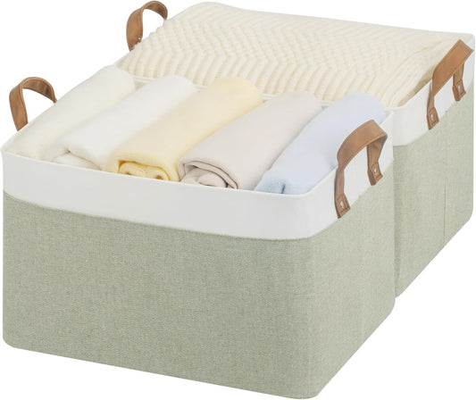 StorageWorks Storage Bins, Fabric Storage Bins for Shelves, Large Storage Baskets with Metal Frame, Closet Baskets and Bins with Handles, Green and White, 2-Pack