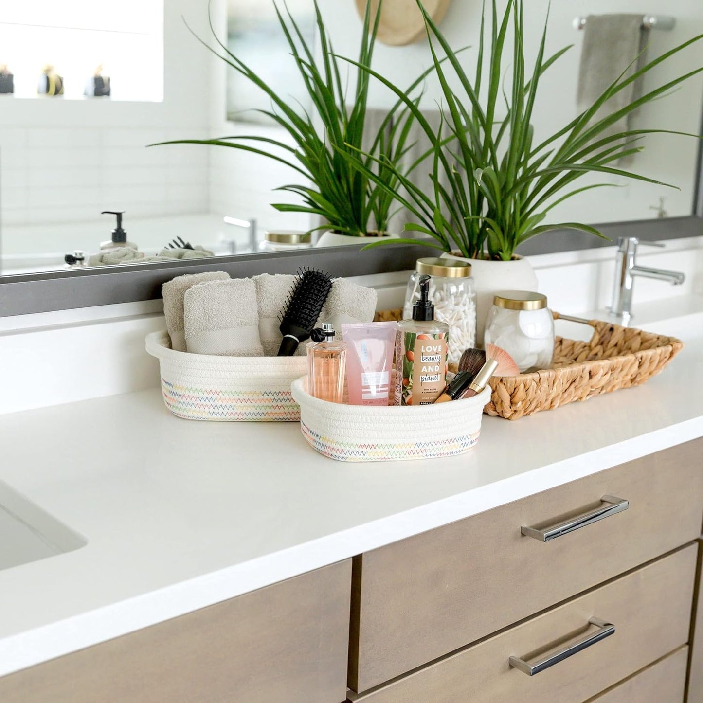 NaturalCozy 5-Piece Rectangle Storage Basket Set- Natural Cotton Rope Woven Baskets for Organizing! Small Basket for Montessori, Baby Nursery, Dog Toy Baskets, Cat Toy Box, Bathroom Organization Bin