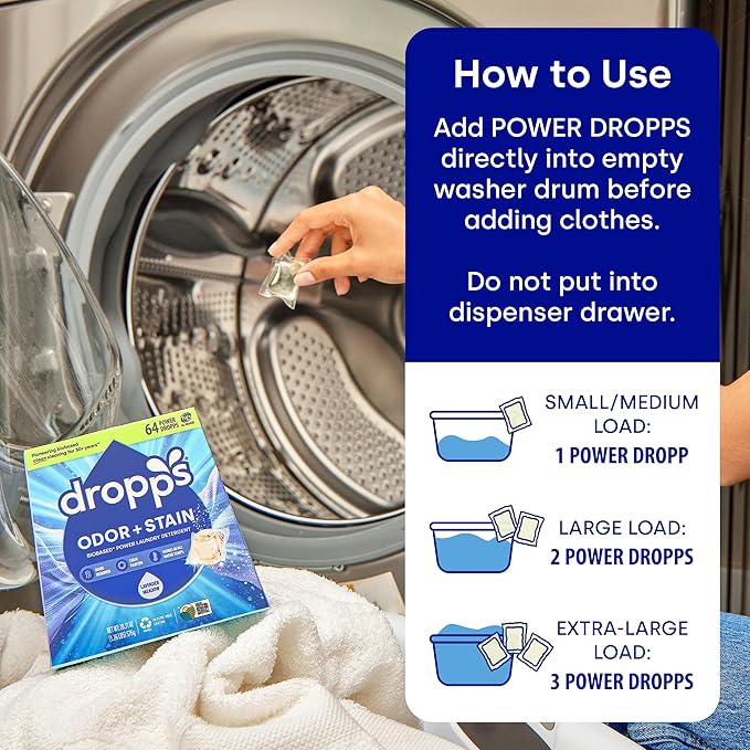 Dropps Odor & Stain Biobased Power Laundry Detergent Pods, Crisp Breeze HE Compatible Laundry Pods for Fresh Clothes - Laundry Soap Supplies & Recyclable Paperboard Packaging
