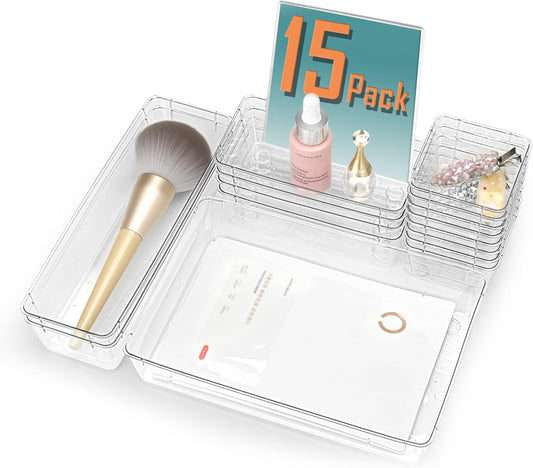 15Pcs Clear Plastic Drawer Organizers Set, 4size makeup drawer organizer trays for vanity/desk/bathroom/office/nightstand/gadgets for kitchen/desk drawer, Versatile drawer divider storage bins