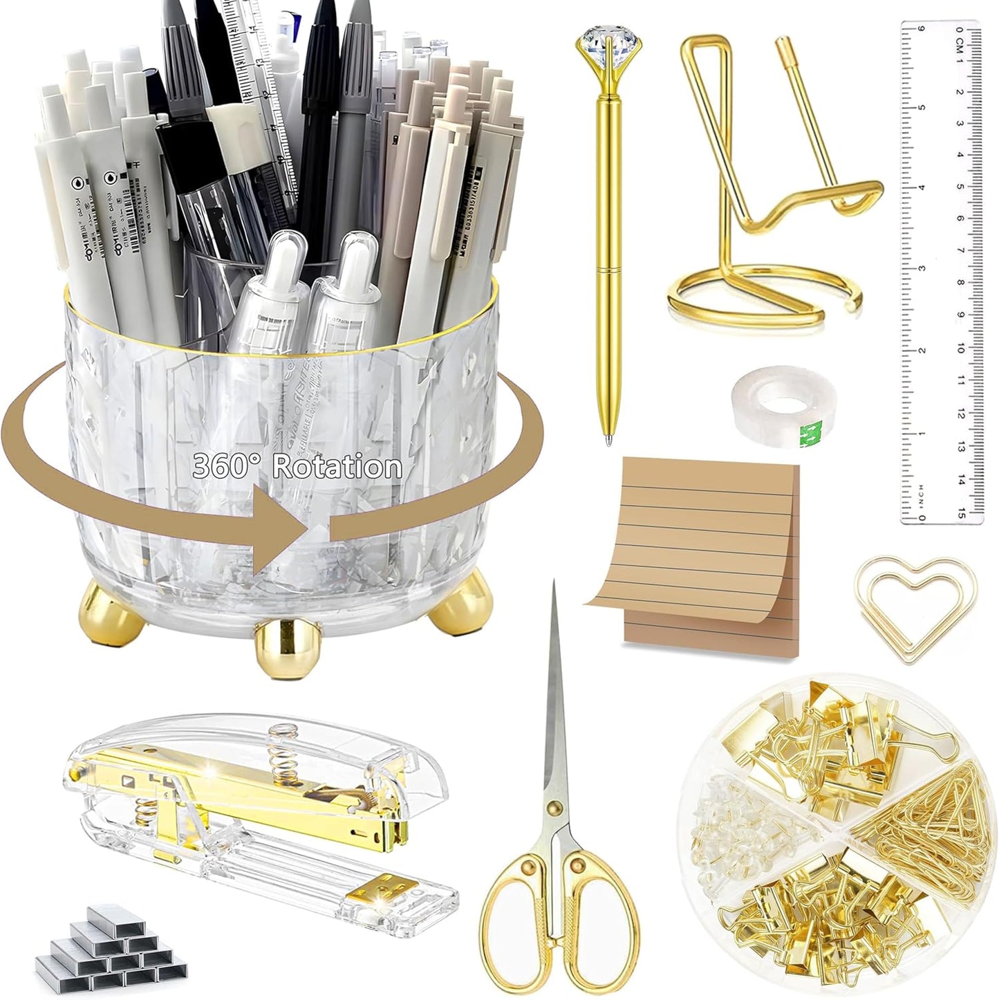 Gold Desk Accessories, Office Desk Organizers and Accessories 360°Pen Holder Acrylic Stapler Set, Phone Holder, Ballpoint Pen, Scissor, Binder Clips, Ruler, Transparent Glue, Sticky Note and Staples.