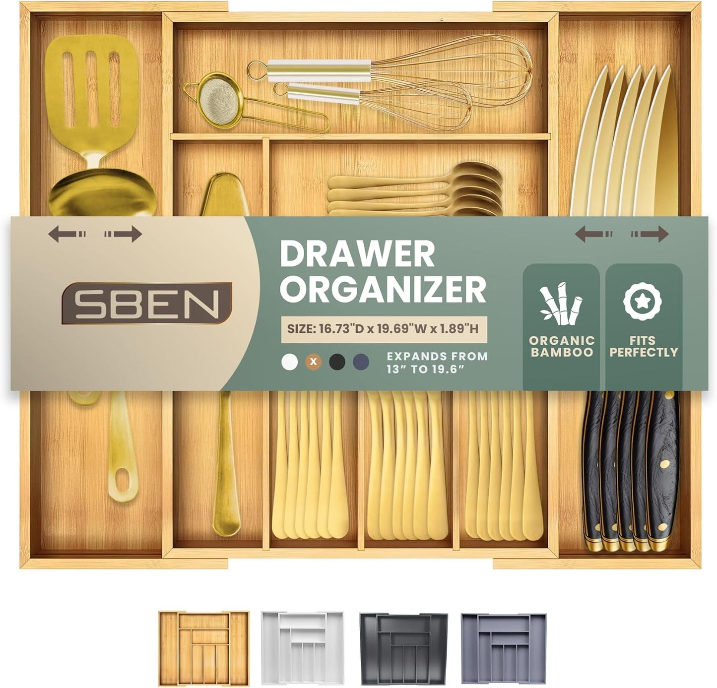 Sben Expandable Drawer Organizer for Utensils Holder, Adjustable Cutlery Tray, Wood Drawer Dividers Organizer for Silverware, Flatware, Knives for Kitchen (Bamboo)