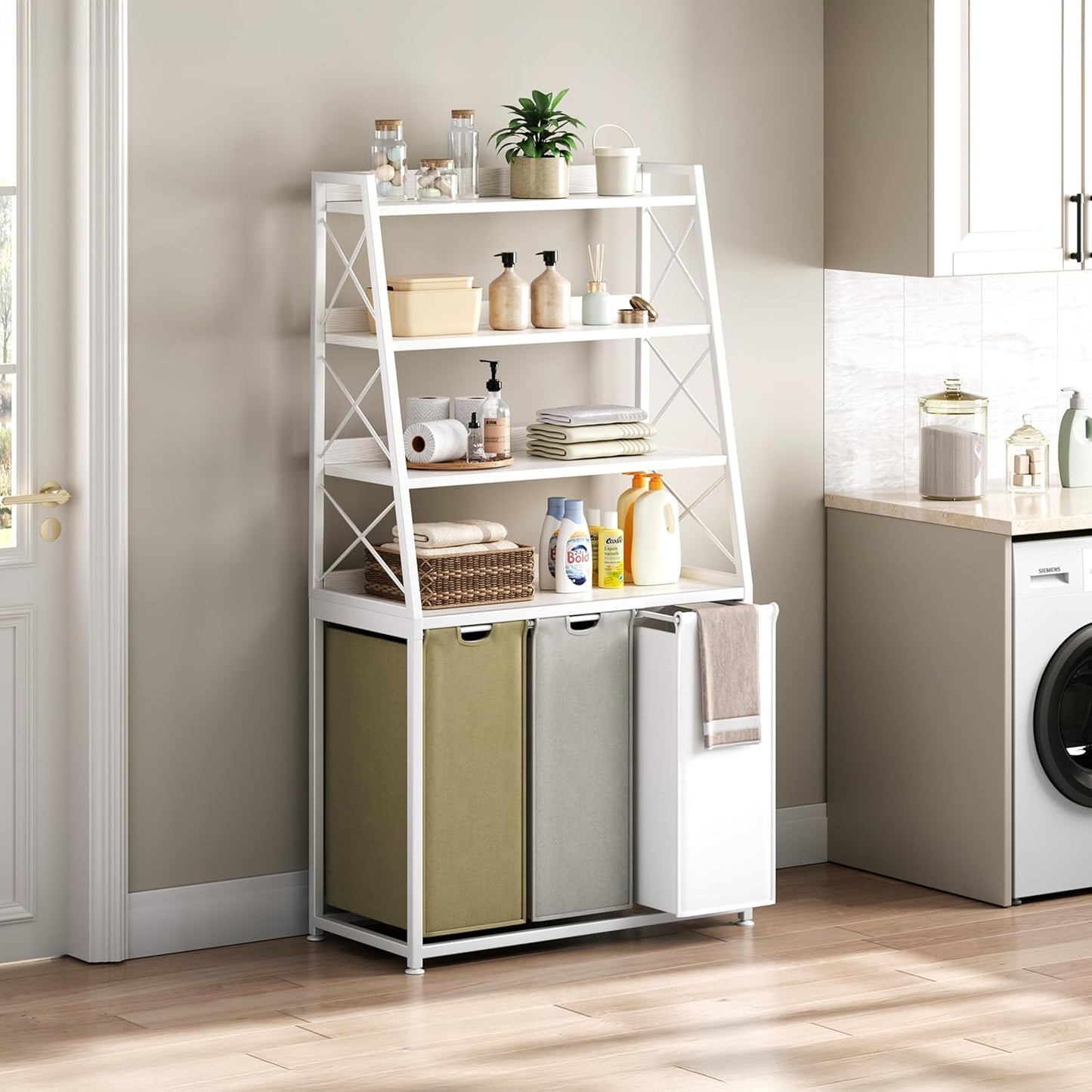 Laundry Basket, 3 Section Laundry Hamper with 4 Tiers Shelf, Pull-Out and Removable Laundry Bags, Large 3 x 15.87 Gallons, 3 Color Bags for Laundry Room Bathroom White PF05XLE