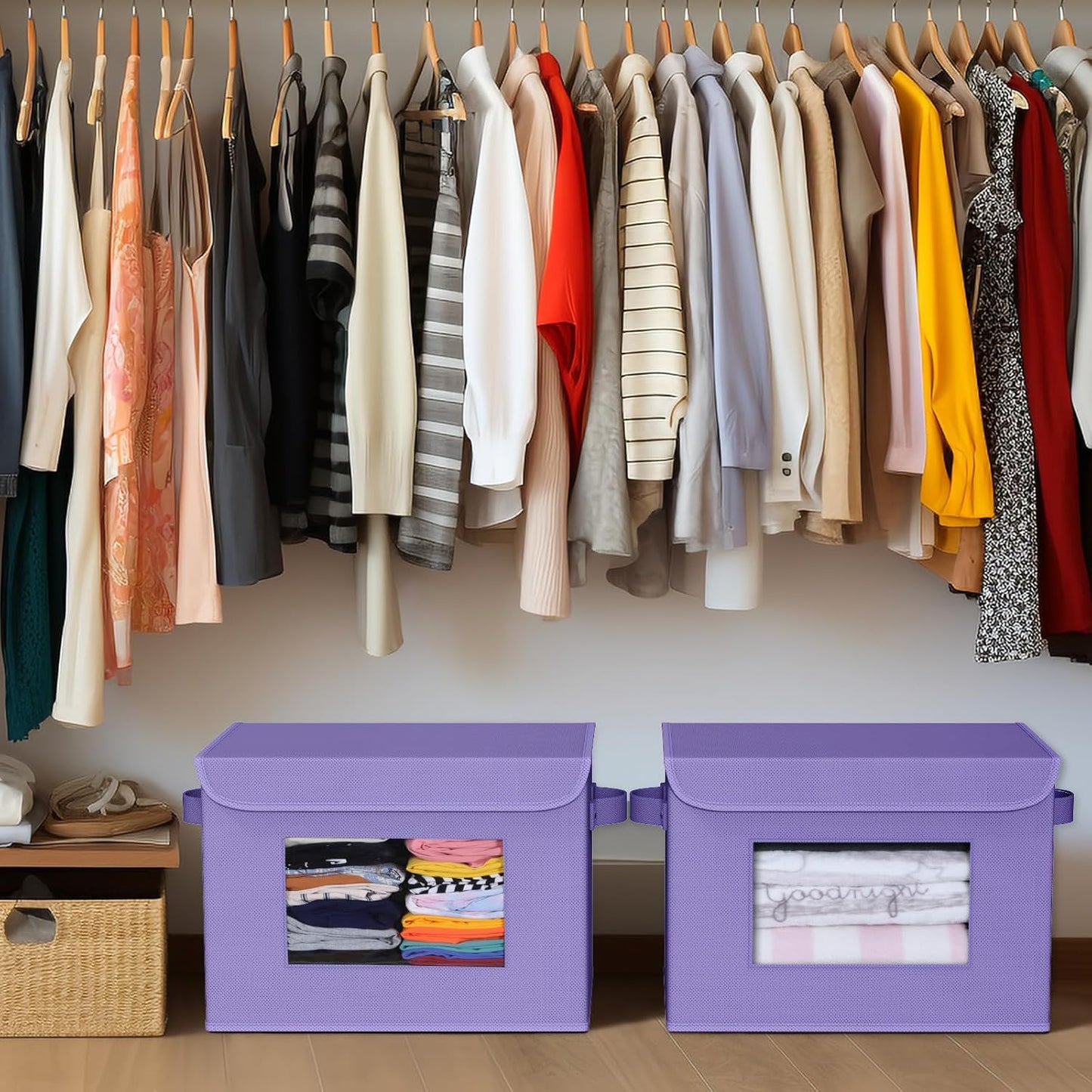 Univivi Storage Bins with Lids [4-Pack] Fabric Lidded Storage Baskets Stackable Closet Storage Bins, Closet Organizers and Storage with Lid & Clear Window for Home, Office, Bedroom (Purple)