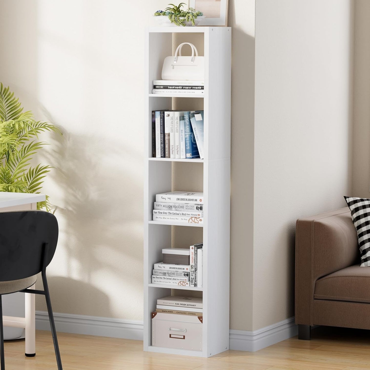 Tall Cube Storage Organizer Bookcase, 5 Tier 11 inch Open Back Cubical Shelf with Thickened Border, Display Bookshelf for Living Room, Home Office, Sturdy Room (White, 5 Cube,Vertical)