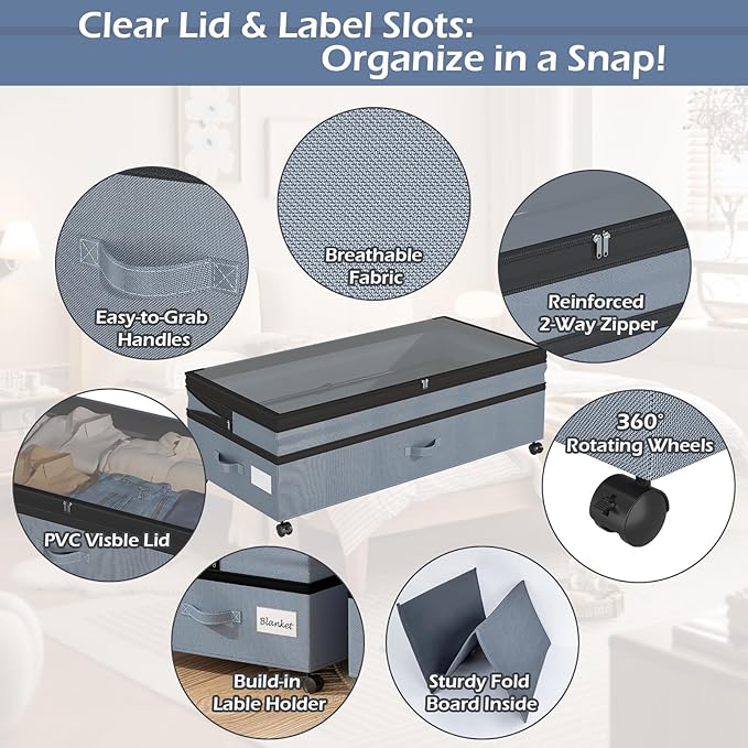 Underbed Storage Containers with Wheels and Lid Expandable Shoe Rolling Storage Bin Adjustable 9.8-10.6 Inch Height Under Bed Drawers for Dorm, Clothes, Blankets, Housewarming Gift 2 Pack Grey