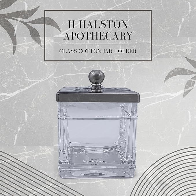 Apothecary Glass Cotton Jar Holder Brushed Nickel Stainless Steel Lid, Elegant Bathroom Storage Canister for Qtips, Cotton Balls, Floss, Makeup Organizer, Vanity Bathroom Organization