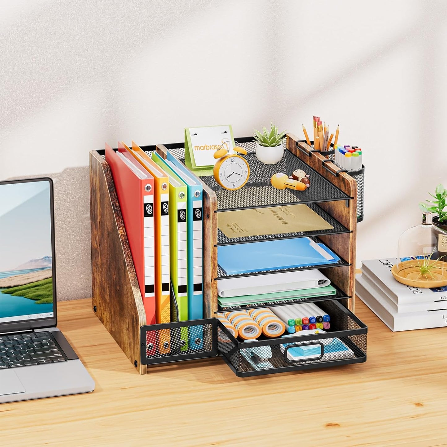 Marbrasse Desk Organizer with File Holder, 5-Tier Paper Letter Tray Organizer with Drawer and 2 Pen Holder, Mesh Desktop Organizer and Storage with Magazine Holder for Office Supplies (Wood-Brown)