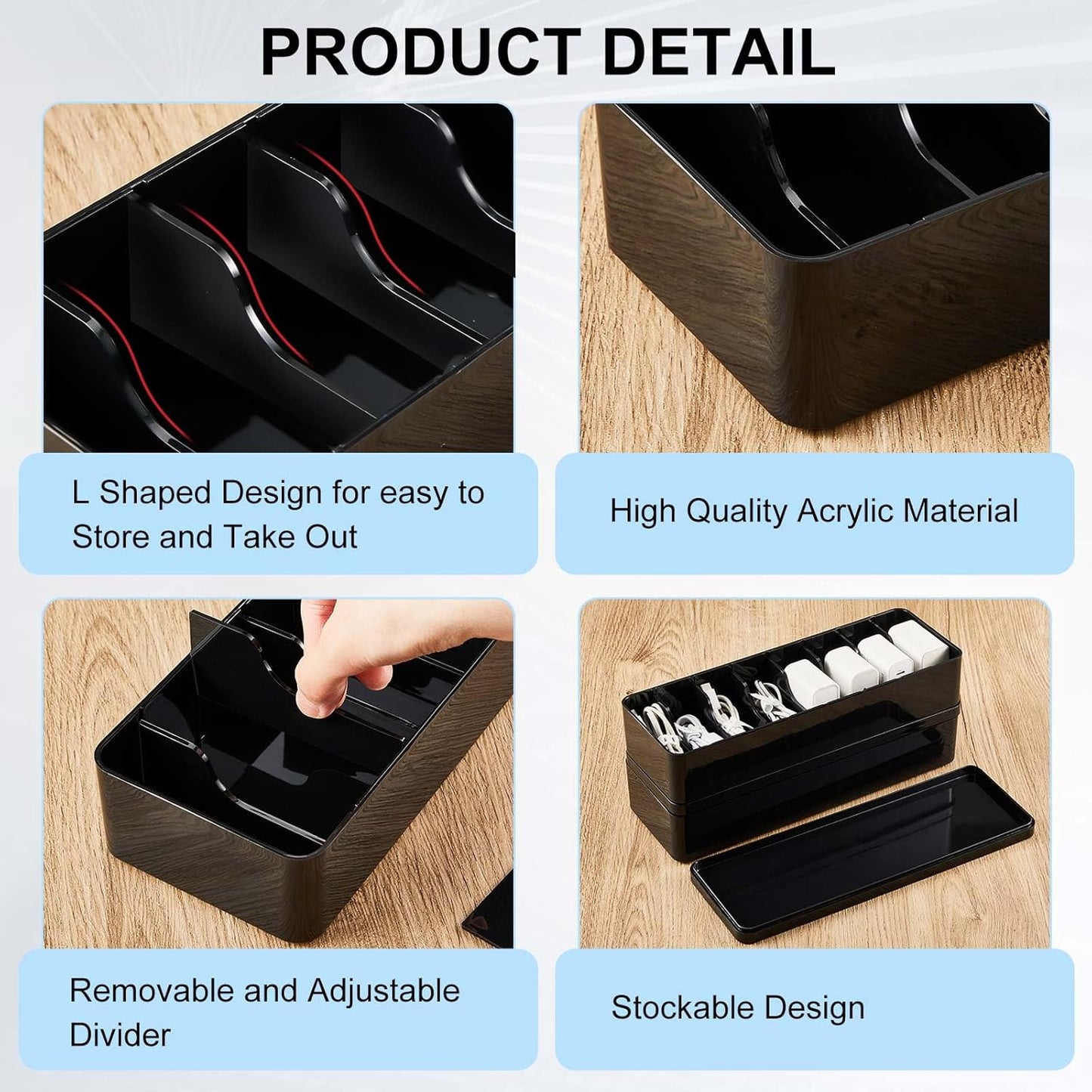 Tatuo 1 Pcs Cable Organizer Box with Wire Ties, Plastic Cord Storage Box with Lid, Electronics Organizer for Home Office Desk Organizers and Accessories (Black)