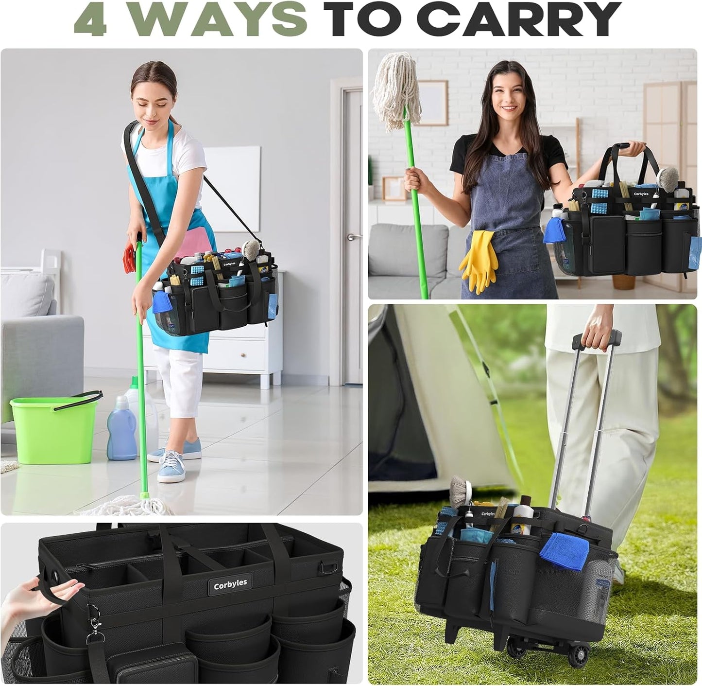 Rolling Cleaning Caddy Bag with Detachable Trolley, Cleaning Supplies Organizer Cart on Wheels, Cleaning Supply Caddy for Housekeepers, Large Professional Detailing Bag Tote for Home, Car (Black)