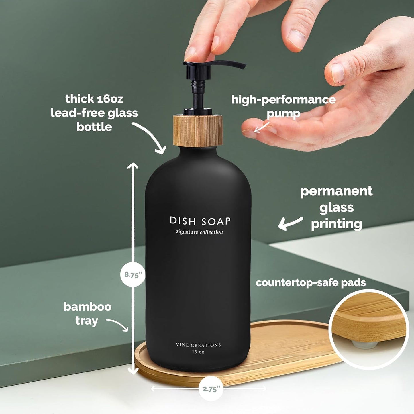 Vine Creations Glass Soap Dispenser Set, Hand Soap and Dish Soap Dispenser Set with Bamboo Tray, 16 oz Glass Dispensers Bottle for Kitchen and Bathroom Decor Modern Boho with Bamboo Pump (Black/White)