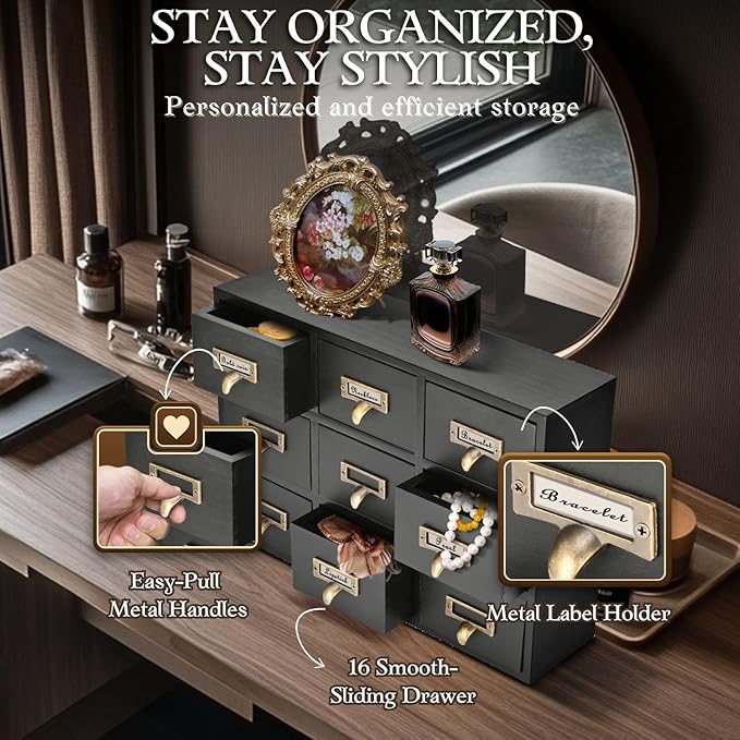 Flexzion Apothecary Cabinet with Drawers - 9 Vintage Apothecary Drawers Desktop Organizer for Home & Office - Wooden Tabletop Library Card Catalog Cabinet Storage for Jewelry, Makeup & Tools, Black