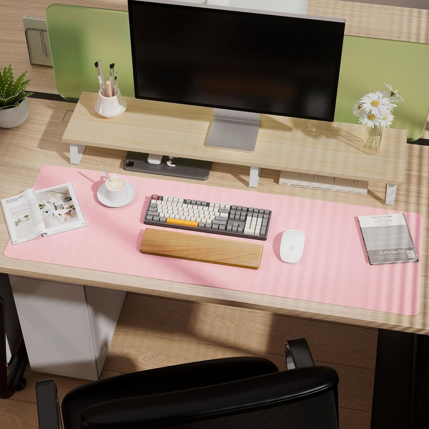 Aothia Leather Desk Pad Protector, Office Desk Mat, Large Mouse Pad, Laptop Desk Pad, Non-Slip PU Leather Desk Blotter, Waterproof Desk Writing Pad for Office and Home (Pink, 47" x 17")