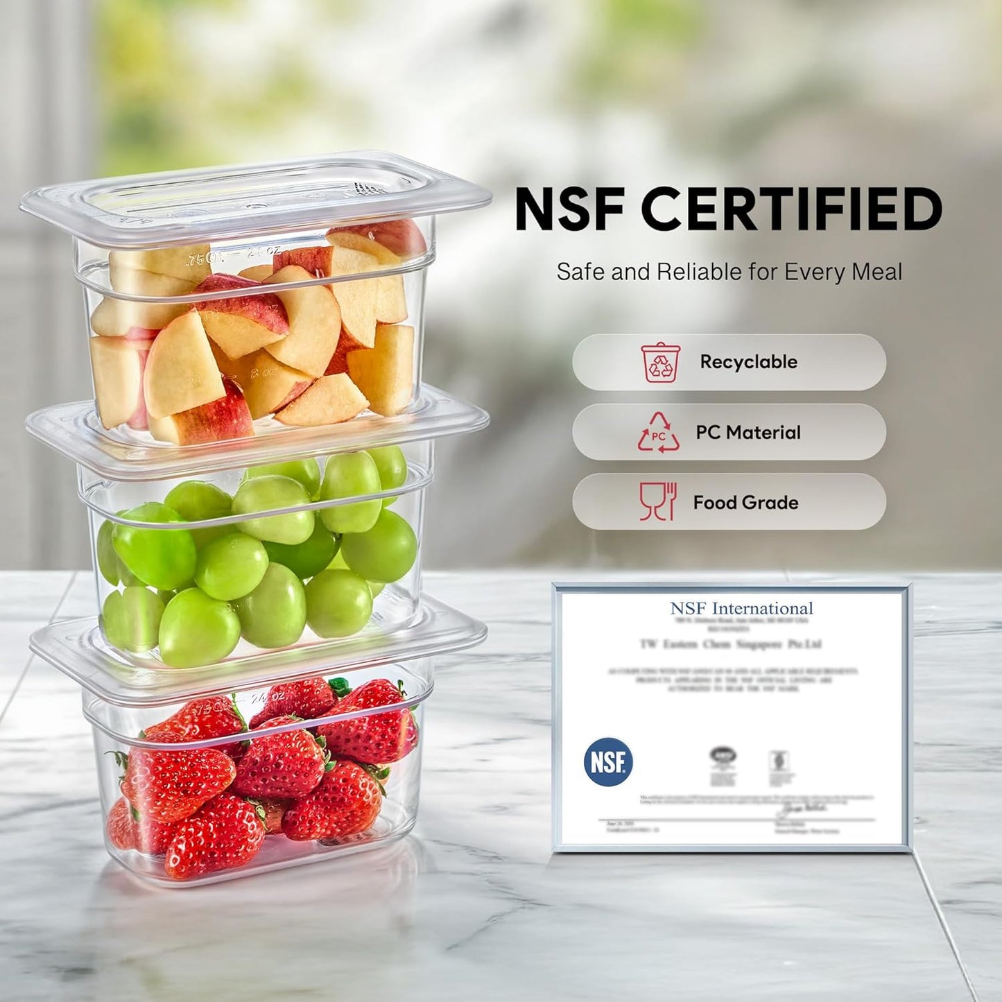 WILPREP 6 Pack Plastic Food Pans with Lids NSF Listed, 1/9 Size 4 in Deep Clear Food Storage Containers, 1.1 qt Stackable Polycarbonate Commercial Hotel for Fruits Vegetables Beans Corns