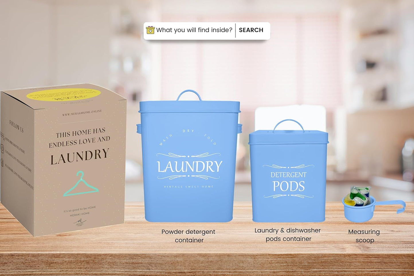 Meraki Home Laundry Detergent Container Set – 2-Pack Detergent Holder and Pods Container with Metal Scoop – Farmhouse Canisters for Laundry Room Organization and Storage - Matte Blue