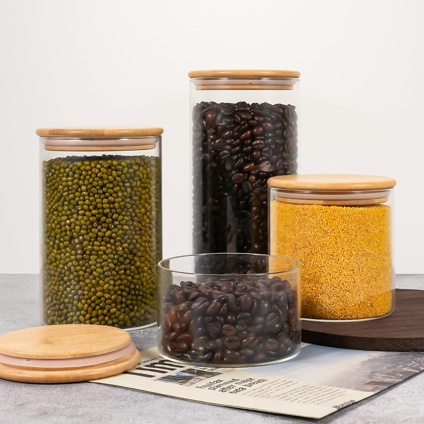 2PCS Small Glass Storage Jars with Airtight Lids,11 fl oz (330ml) Cute Clear Storage container with bamboo Lid,Glass Pantry Canister for Beans, Rice,Sugar,Cookie Coffee(N-Clear-2PCS-11FL OZ/330ML)