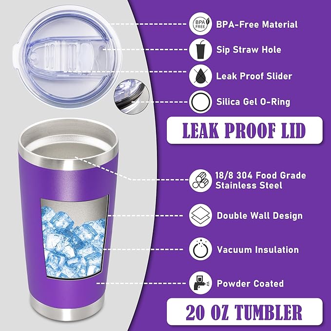 20 oz Tumbler Coffee Travel Tumblers Bulk with Lid Stainless Steel Double Wall Vacuum Insulated Mug Powder Coated Cups fit Car Cupholder for Hot and Cold - Purple, 12Pack