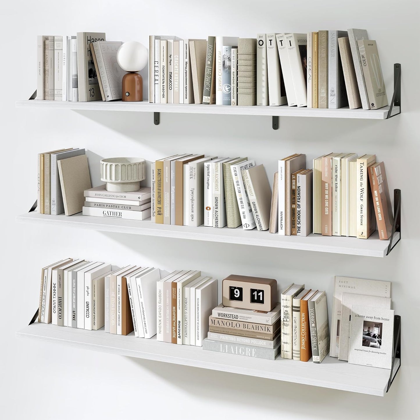 Fun Memories Extra Long Floating Wall Shelves, 48 x 8 Inches, Set of 3 Large Wood Floating Bookshelves with Metal Brackets for Storage & Display (White)