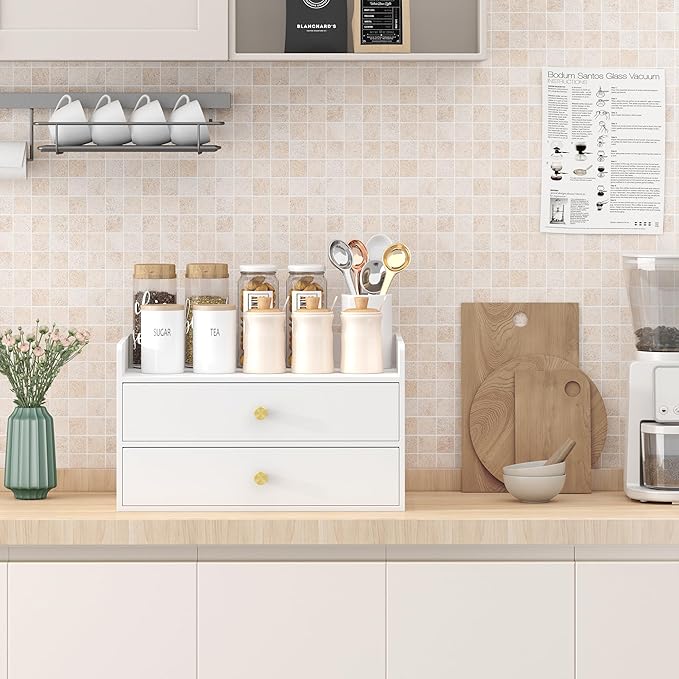 Bamboo Desk Organizer with Drawers Wooden Desktop Storage Drawers for Bills Office Supplies Kitchen Utensils Organizing Tool for Home Classroom Organization No Assembly (2 Drawers, White)