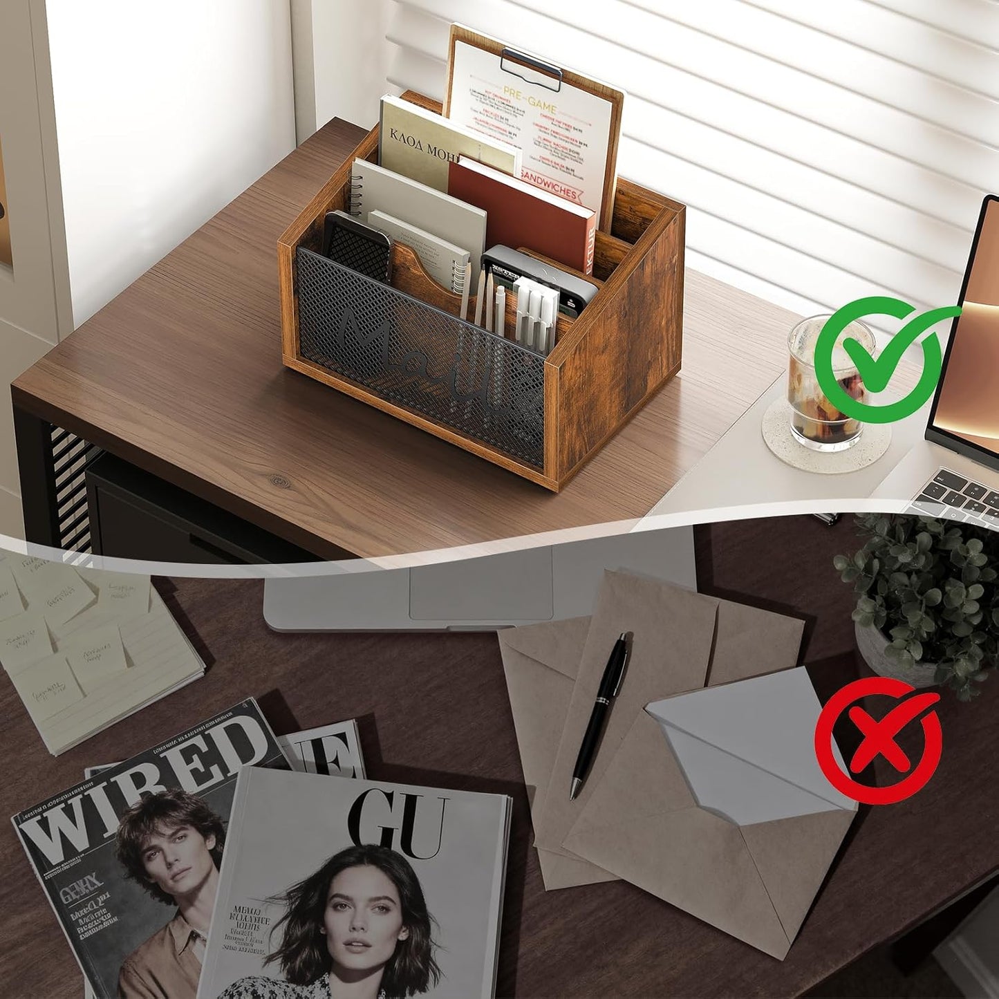 Mail Organizer Countertop, Mail Holder with 4 Slots, Mail Sorter for Desk, Wooden Office Desk Organizer, Mail Organizer for Magazines, Files, Papers, Folders, Rustic Brown and Black MR04BR