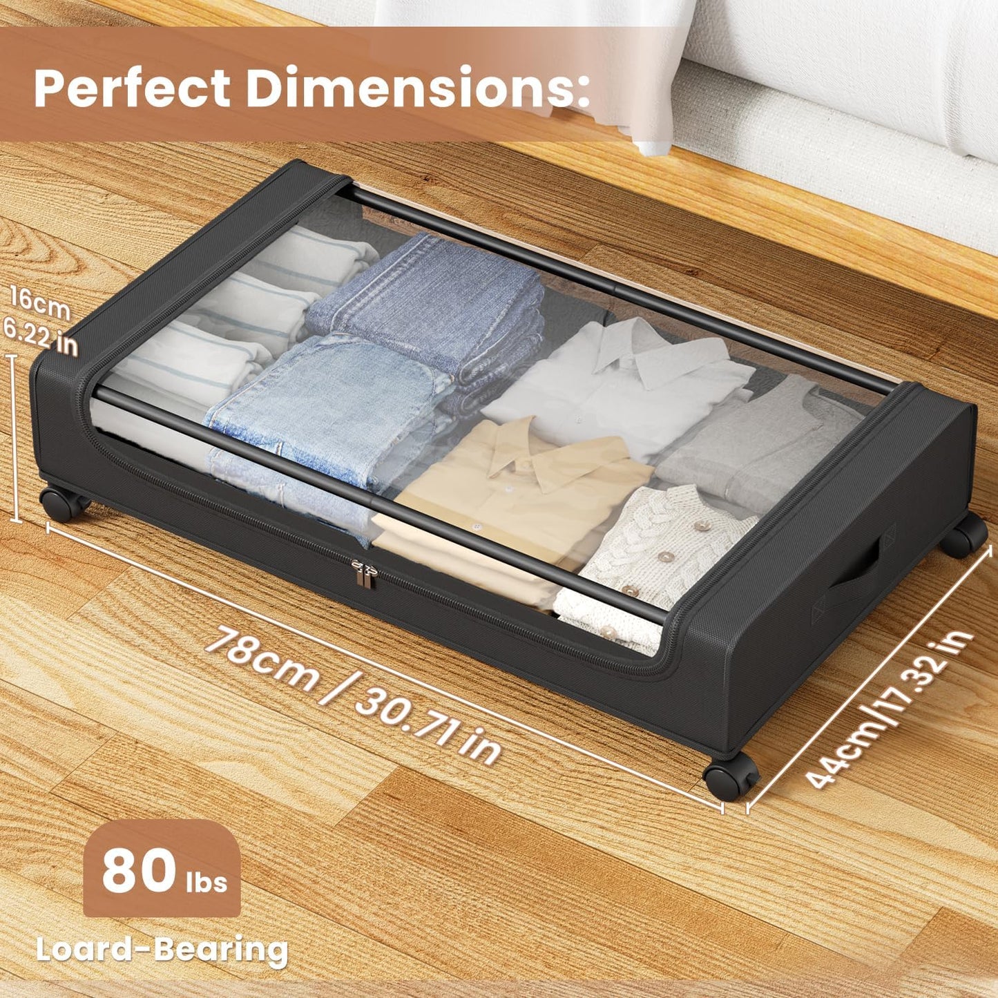 Under Bed Storage Containers with Clear Lid, Large Under Bed Storage with Wheels,6.22"H Under Bed Containers Rolling Under Bed Cart, Fabric & Metal Frame Under Bed Drawer for Clothes ;Black, 2 Pack