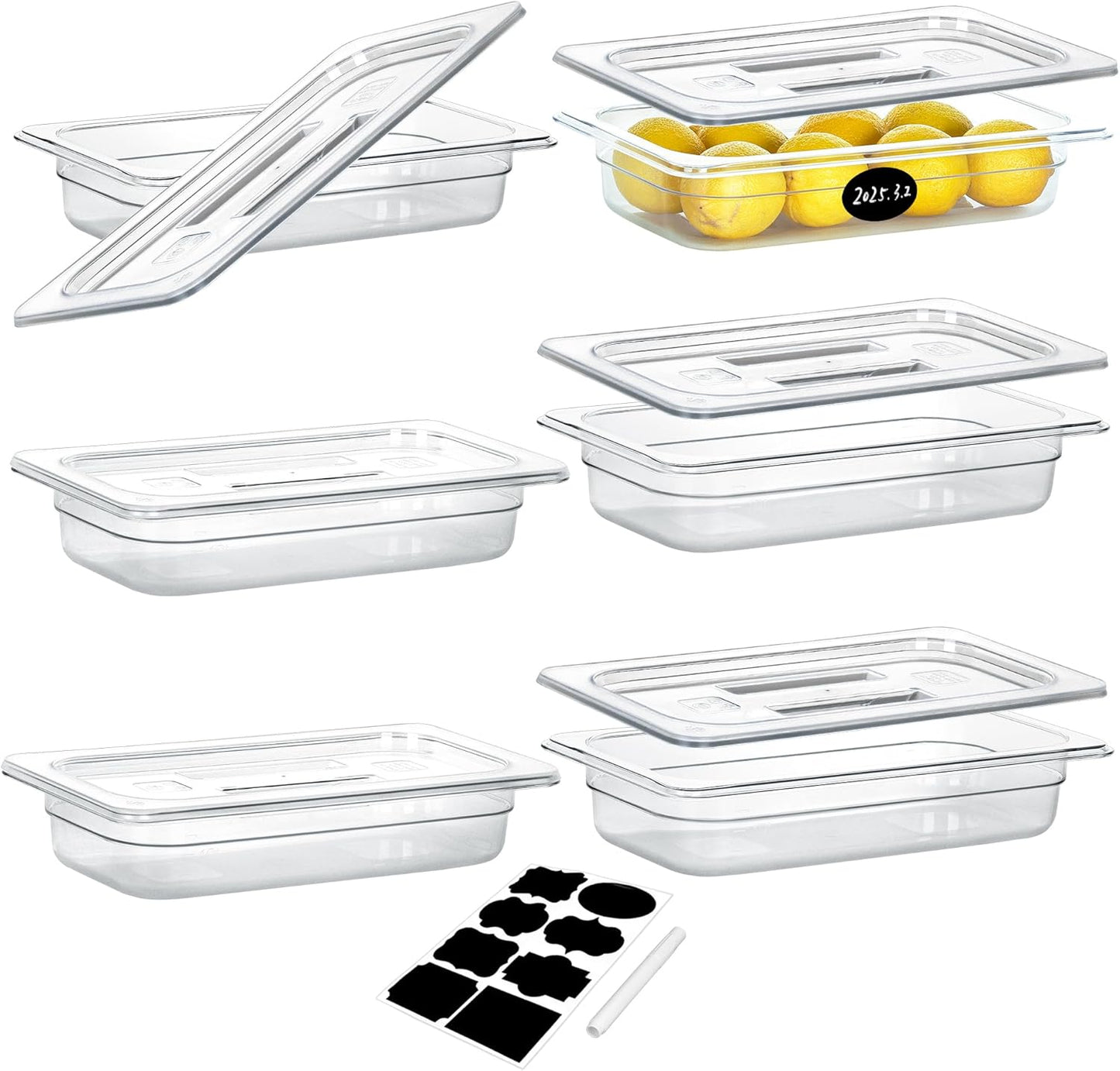 6 Pack NSF Food Pans with Lids, 1/3 Size 2.6'' Deep Commercial Food Storage Containers, Polycarbonate, Clear