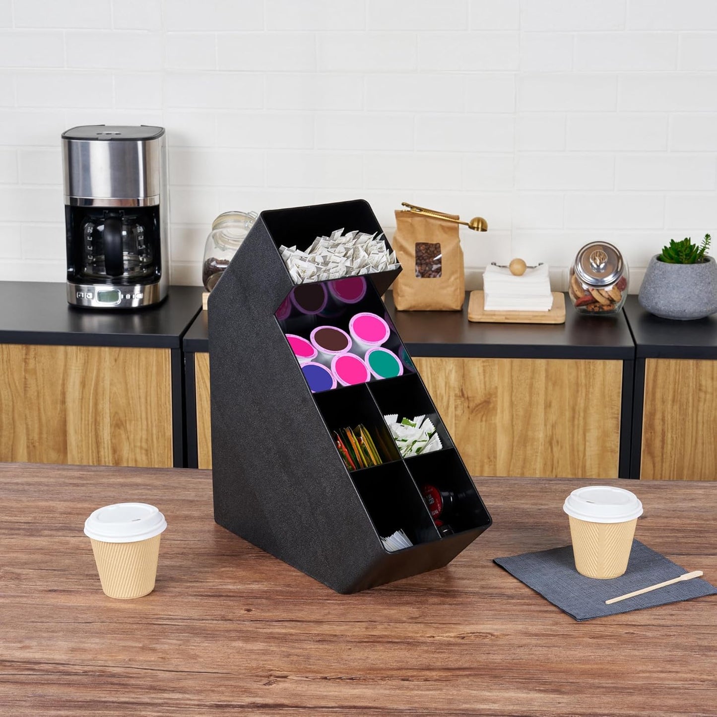 Restaurantware Restpresso Coffee Bar Organizer, 1 Count Durable 6 Compartments, Compact Size, Black Plastic Tabletop Coffee Supplies Organizer For Homes, Office Spaces, Breakrooms, and Lounges