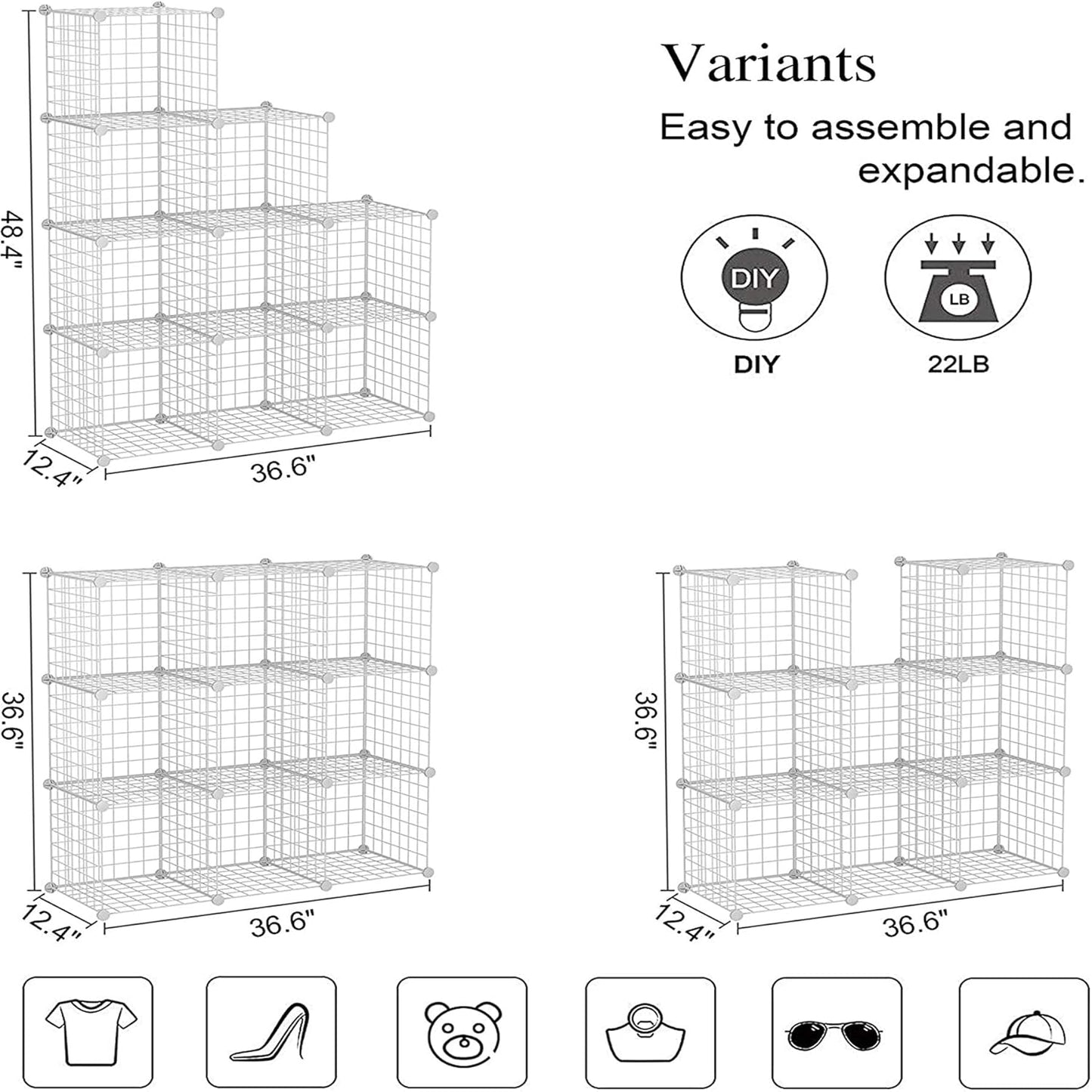 C&AHOME Wire Cube Storage, 9-Cube Organizer Metal, Wire C Grids Storage, Storage Bins Shelf, Modular Bookshelf, Closet Cabinet Ideal for Home, Living Room, Office 36.6”L x 12.4”W x 48.4”H White
