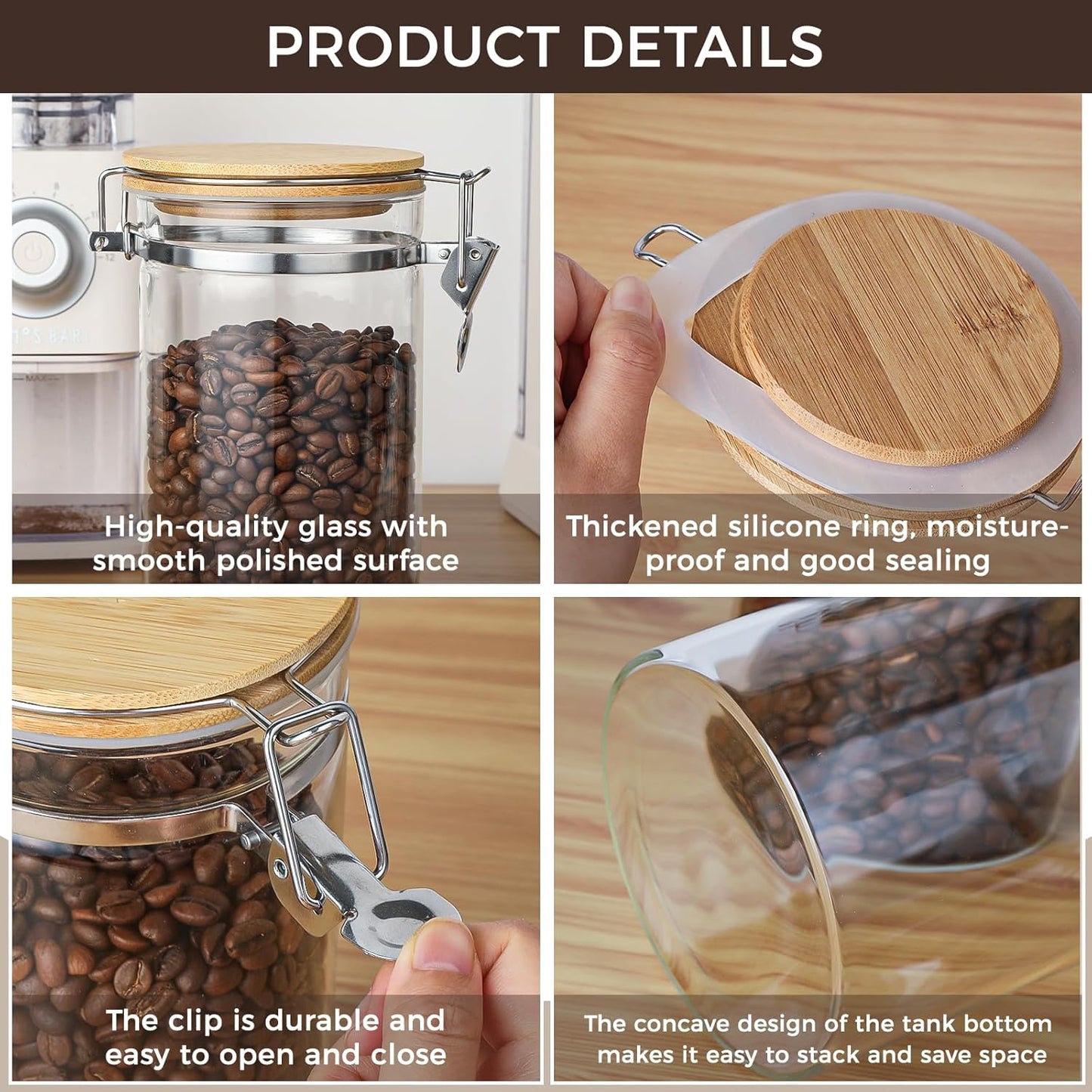 2 Pack 40.5oz Coffee Bean Storage Container with Airtight Bamboo Lids Glass Airtight Coffee Canister with Scoop Storage Container for Grounds Tea Cereal Sugar