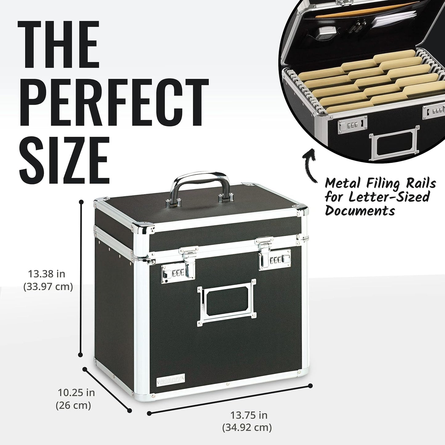 Vaultz Locking File Organizer Box - 13.5 x 13.25 x 10.5 Inch Large, Portable Locking Storage Box for Filing Letters & Documents w/Combination Lock, Black