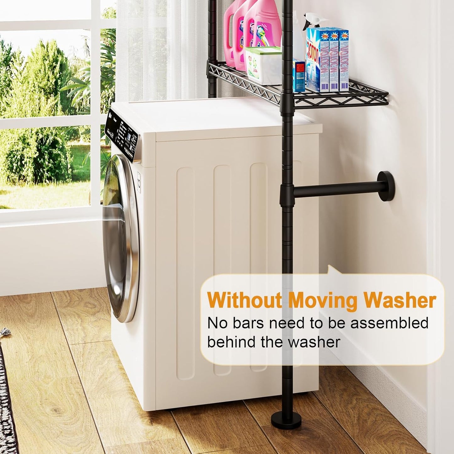 U17 Wall-Mounted Over Washer and Dryer Storage Shelves, Without Moving Washer or Dryer Laundry Room Storage Rack with Hanger Rod, 35" W x 22" D x 86.2" H, Holds 352 lbs, Black