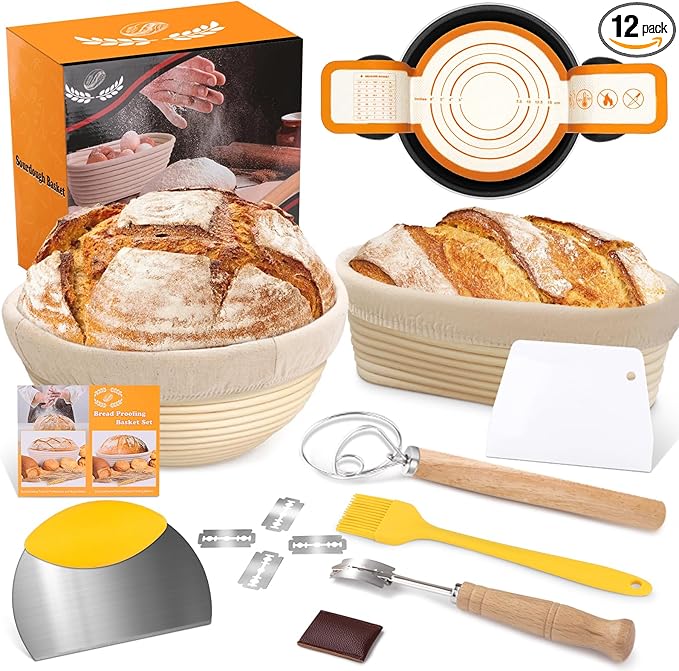 Banneton Basket Set of 2, 10" Oval & 9.7" Round Banneton Bread Proofing Basket with Liners, Bread Lame, Silicone Baking Mat, Danish Whisk, Brush, Proofing Bowls Sourdough Starter Kit Tools