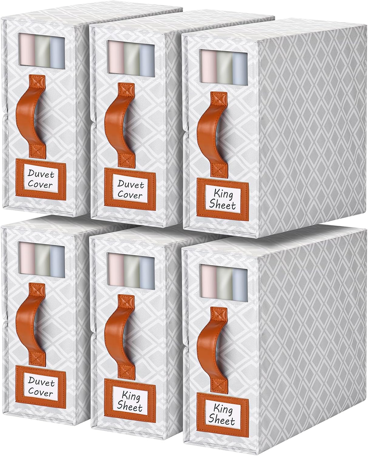 6 Pack Bed Sheet Organizers and Storage, (King & Queen Size) Sheet Organizer for Linen Closet, Foldable Bedding Storage Box with Window for Bedsheets, Duvet Cover and Pillowcase (Light Printed 6 Pack)