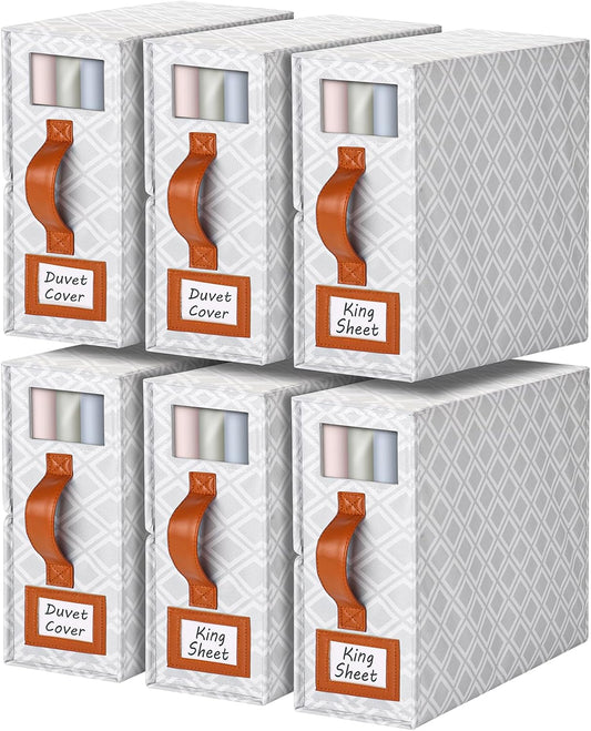 6 Pack Bed Sheet Organizers and Storage, (King & Queen Size) Sheet Organizer for Linen Closet, Foldable Bedding Storage Box with Window for Bedsheets, Duvet Cover and Pillowcase (Light Printed 6 Pack)