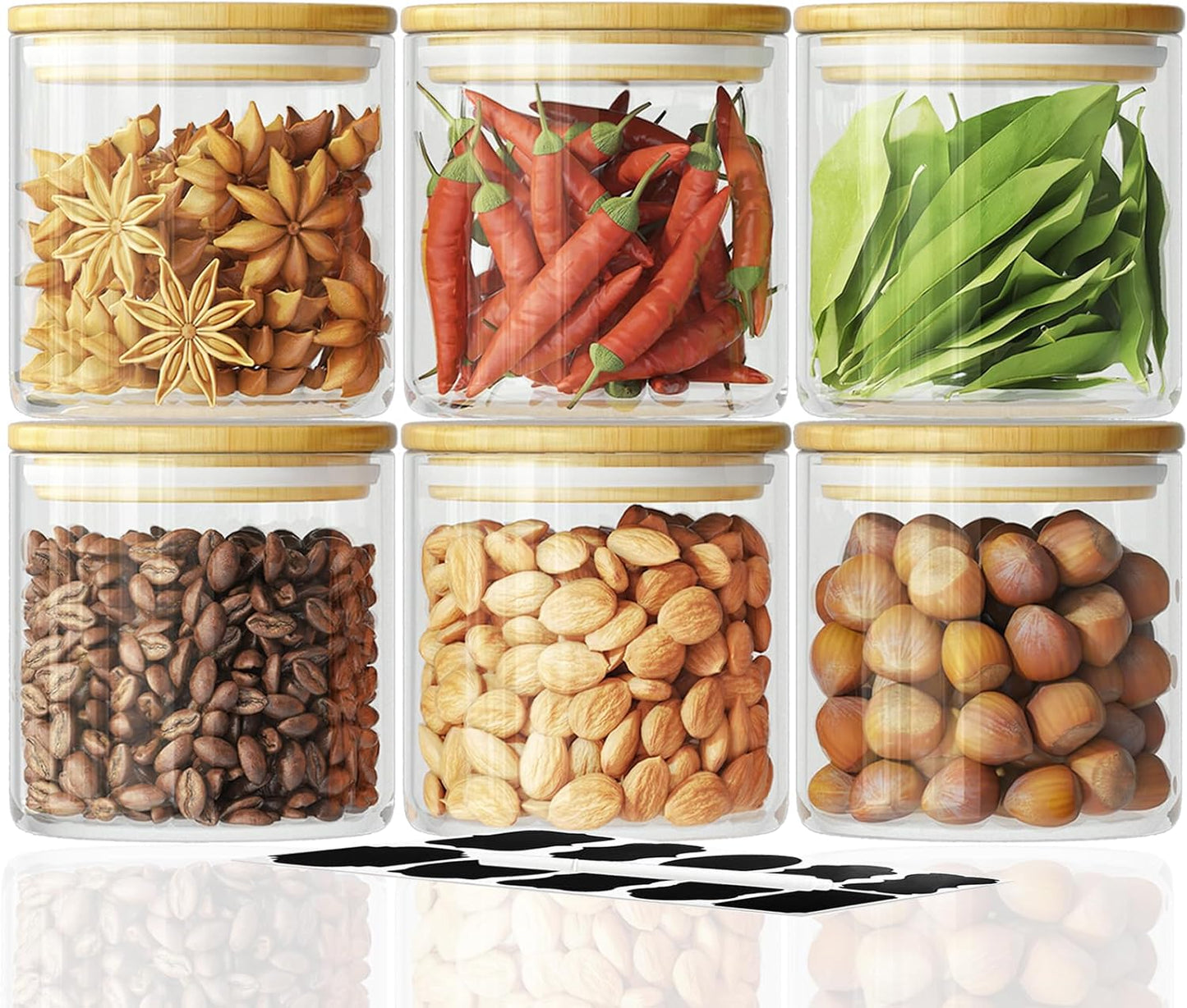 SODSAI 6 Piece Glass Storage Jars Set with Airtight Bamboo Lids and Labels, 20oz/600ml Glass Spice Jars Food Storage Containers for Home Kitchen,Pantry, Tea, Sugar, Salt, Coffee, Flour, Herbs, Grains