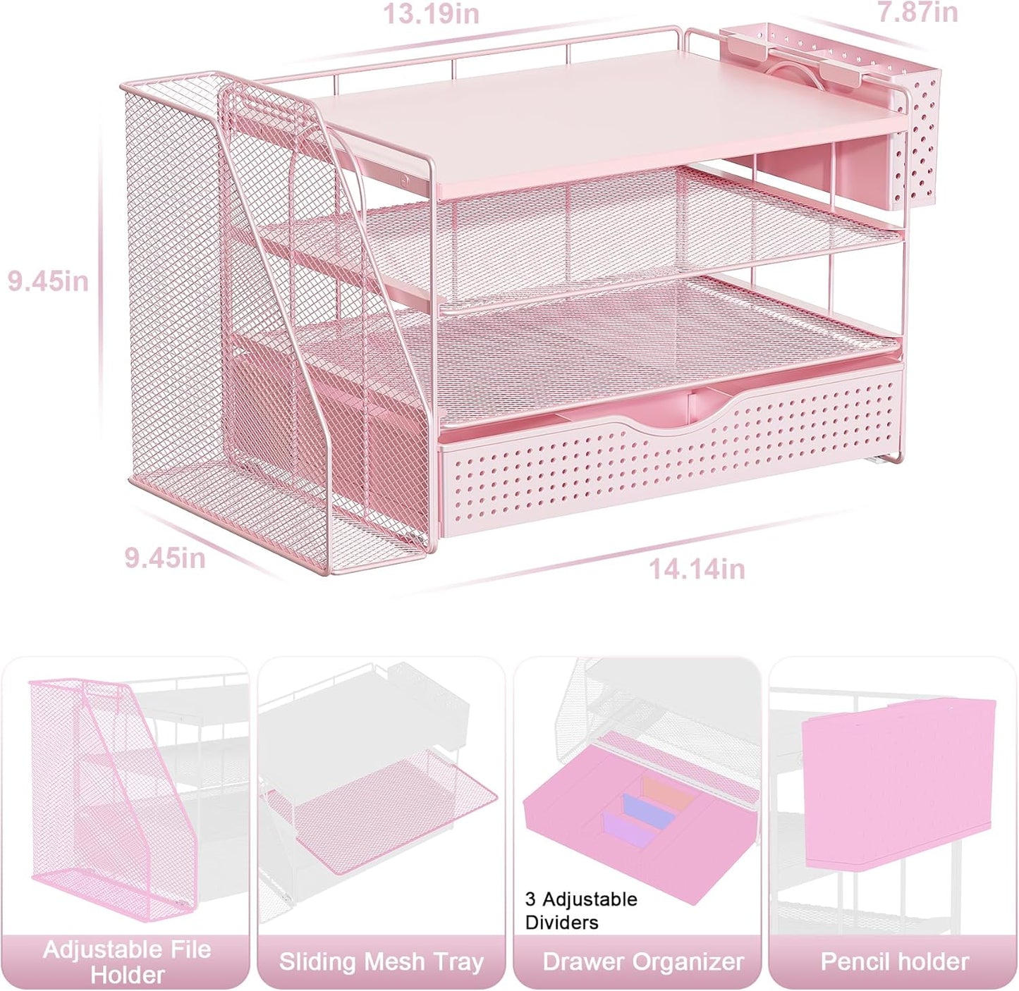 gianotter Wood Desk Organizers and Accessories with File Holder, 4-Tier Desk Accessories & Workspace Organizers with Drawer and Pen Holder, Paper Organizer for Office Supplies (Pink)