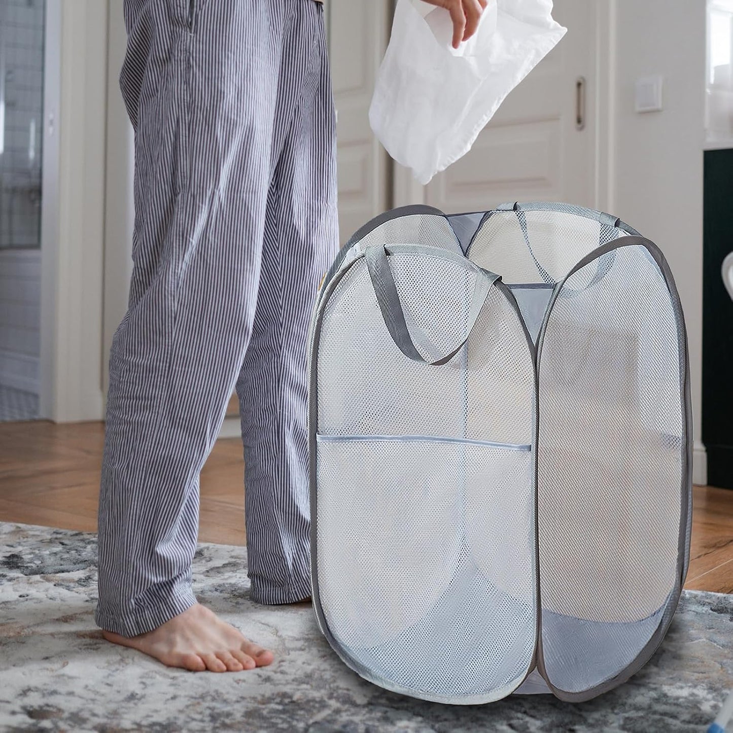 Foldable Mesh Popup Laundry Hamper,Laundry Basket Easy to Open and Fold for Dorm,Travel, College Dorms, and More (2 light gray)