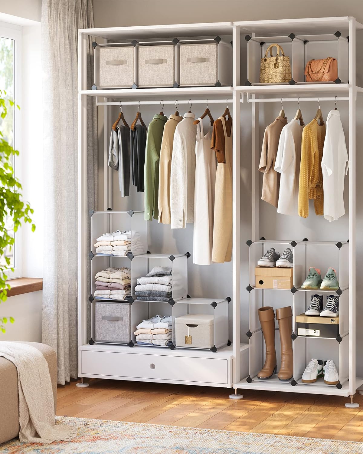 SONGMICS Cube Storage Organizer, Set of 16 Plastic Cubes, Book Shelf, Closet Organizers and Storage, Room Organization, Bedroom Living Room, 12.2 x 48.4 x 48.4 Inches, White ULPC44L