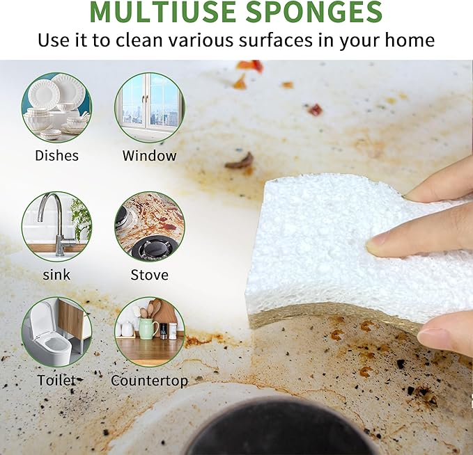 9 Pack Biodegradable Natural Kitchen Sponge - Compostable Cellulose and Coconut Walnut Scrubber Sponge - Eco Friendly Sustainable Sponges for Dishes