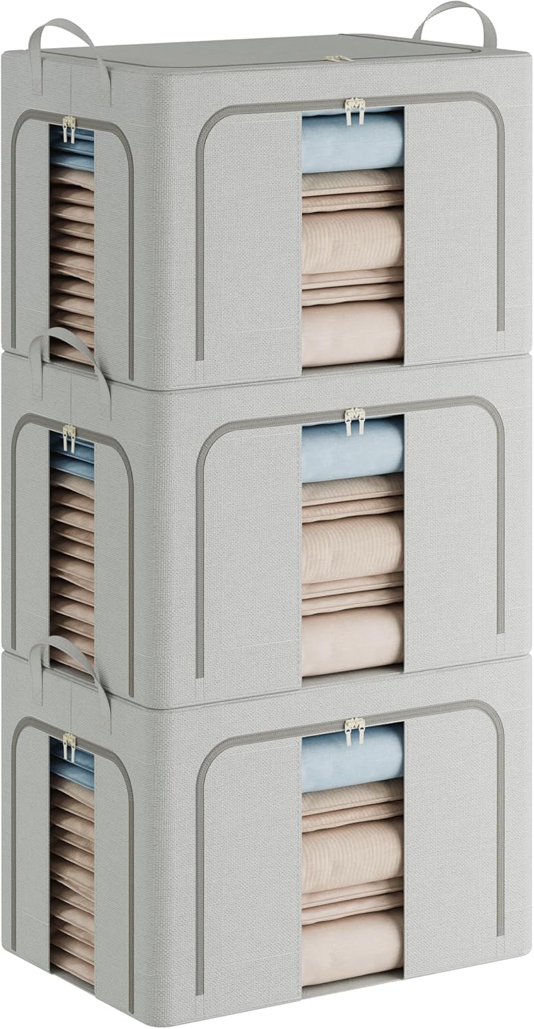 Pinkpum 3 Pack Clothes Storage Bins with Metal Frame, Closet Organizers and Storage Boxes, Stackable & Foldable Clothes Organizer Bags with Large Clear Window & Long Carry Handles, Grey 100L