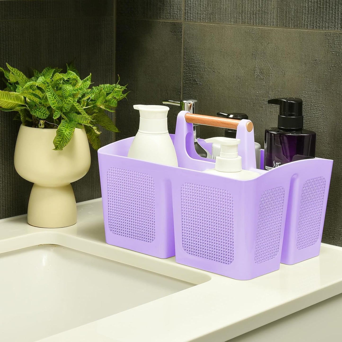 ALINK Portable Shower Caddy Basket with Compartments, Plastic Divided Cleaning Caddy Organizer Storage Tote with Handle for Bathroom, College, Dorm Room Essentials - Purple