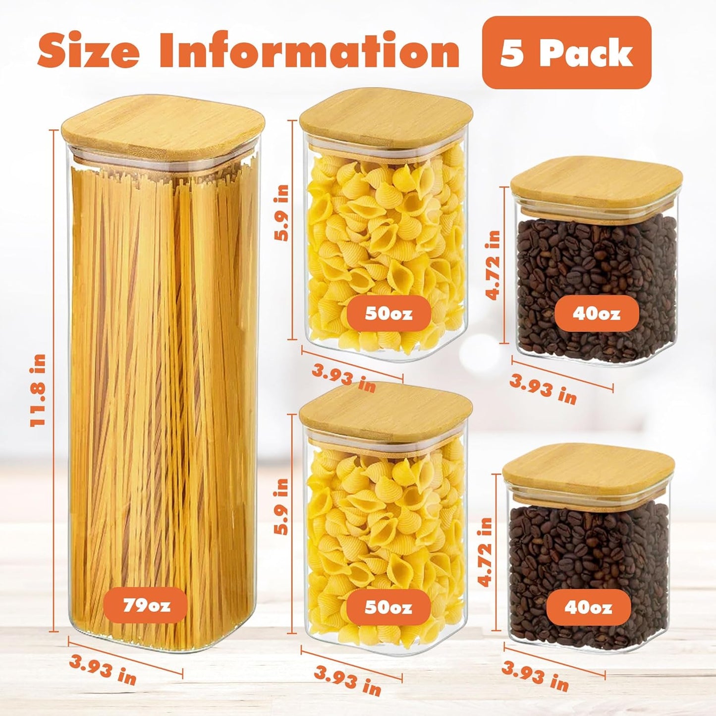 Glass Storage Containers with Airtight Bamboo Lids Muti Size Set of 5,Pantry Food Glass Jar with Lid,Perfect for Kitchen Organization-Nuts,Flour, Rice, Pasta, Sugar, Coffee Beans, Accessories Included