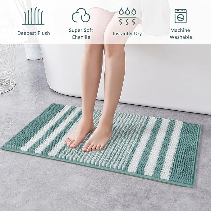 Tindbea Bathroom Rugs Set 2 Piece, Extra Soft and Absorbent Fluffy Striped Chenille Bath Mat Rug Set (Denim Blue, 20" x 32" Plus 16" x 24")