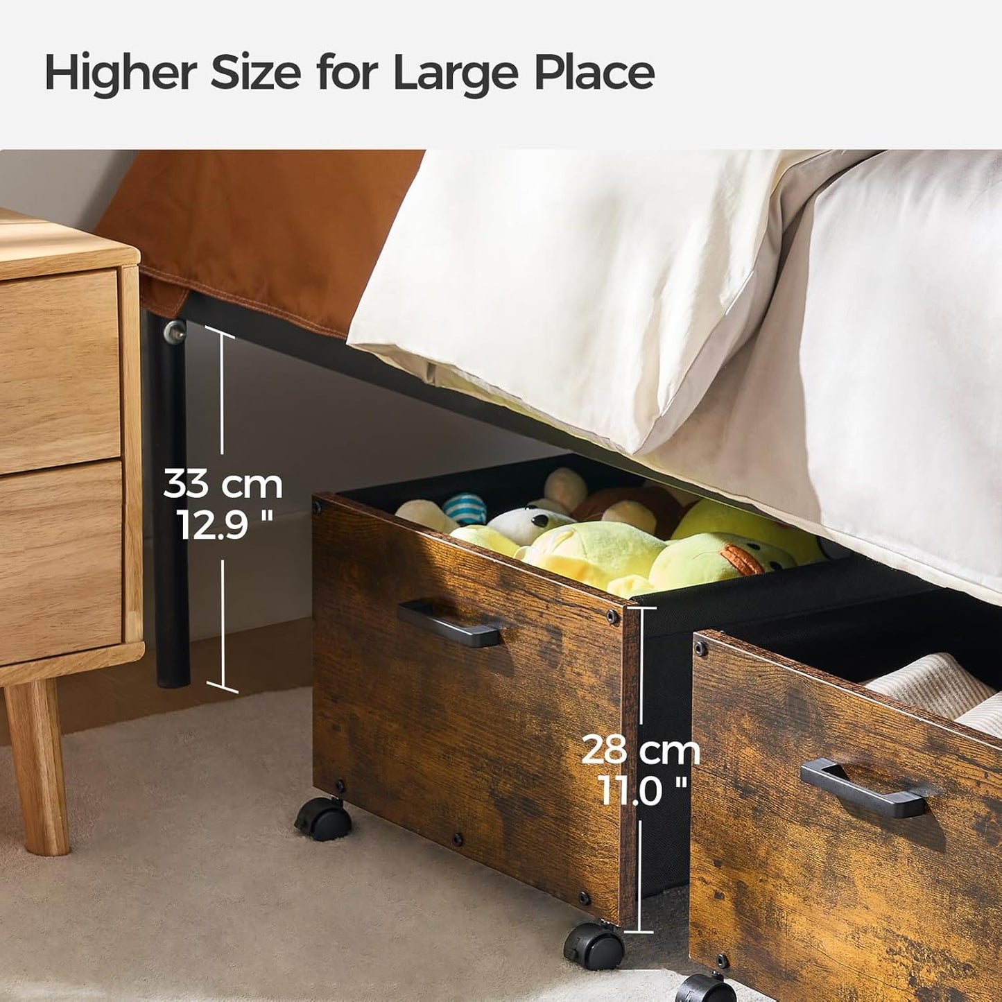 Under Bed Storage with Wheels, Wooden Under Bed Drawers On Wheels, Rolling Under Bed Shoe Storage, Space Saving, Rustic Brown,70L