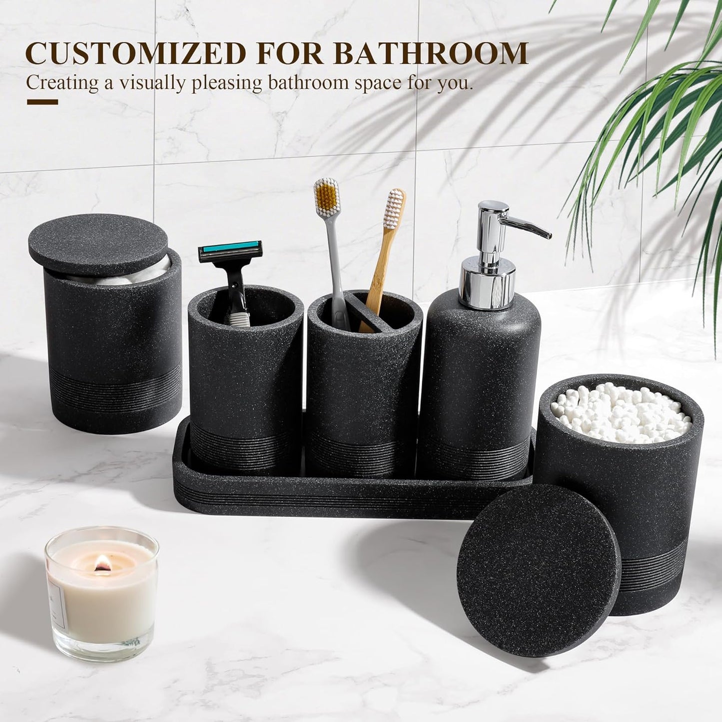 Bathroom Accessories Set, 6-Piece Bathroom Accessory Set, Toothbrush Holders Set, Soap Dispenser, Vanity Tray, Tumbler, Cotton Swab Jars, Bathroom Organizer for Modern Bathrooms(Black)