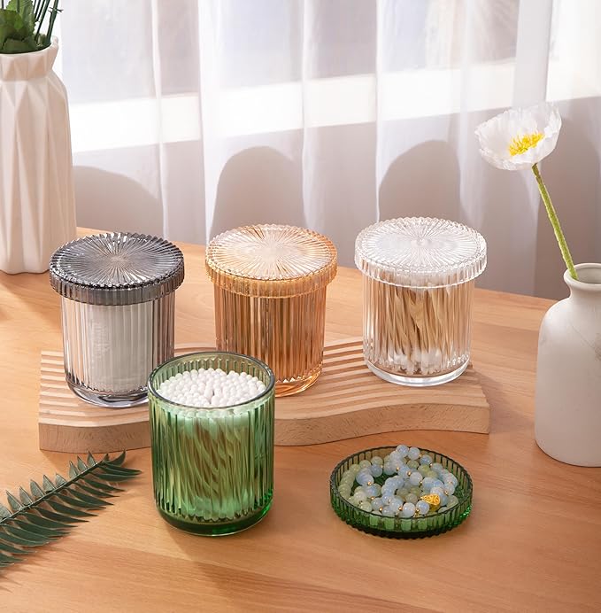 2 Pack Glass Qtip Holder Dispenser Set - Bathroom Organizer for Cotton Swabs, Balls, Pads, Floss Picks - Clear Apothecary Jars for Vanity, Makeup Storage, Bathroom Accessories Decor (Clear)